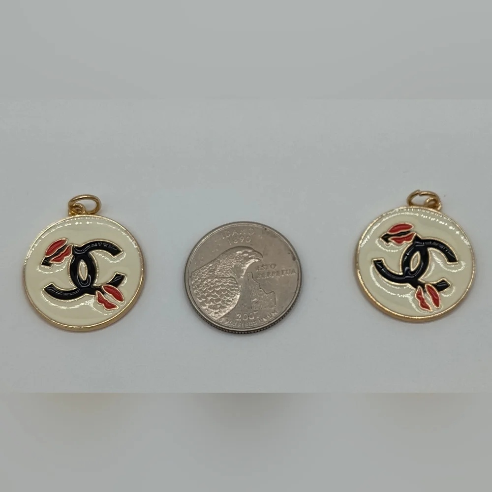CHANEL CC Logo Lips White Enamel Medallion Charm Pair Gold Tone Red Accent - Picture 2 of 3